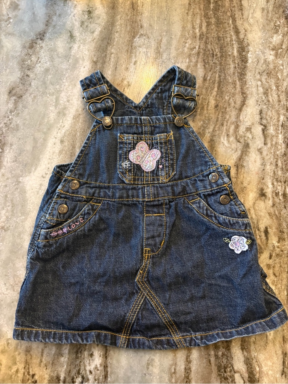 Vinatge Girls Denim Overall Dress with Butterfly Embroidery and Heart Buckles